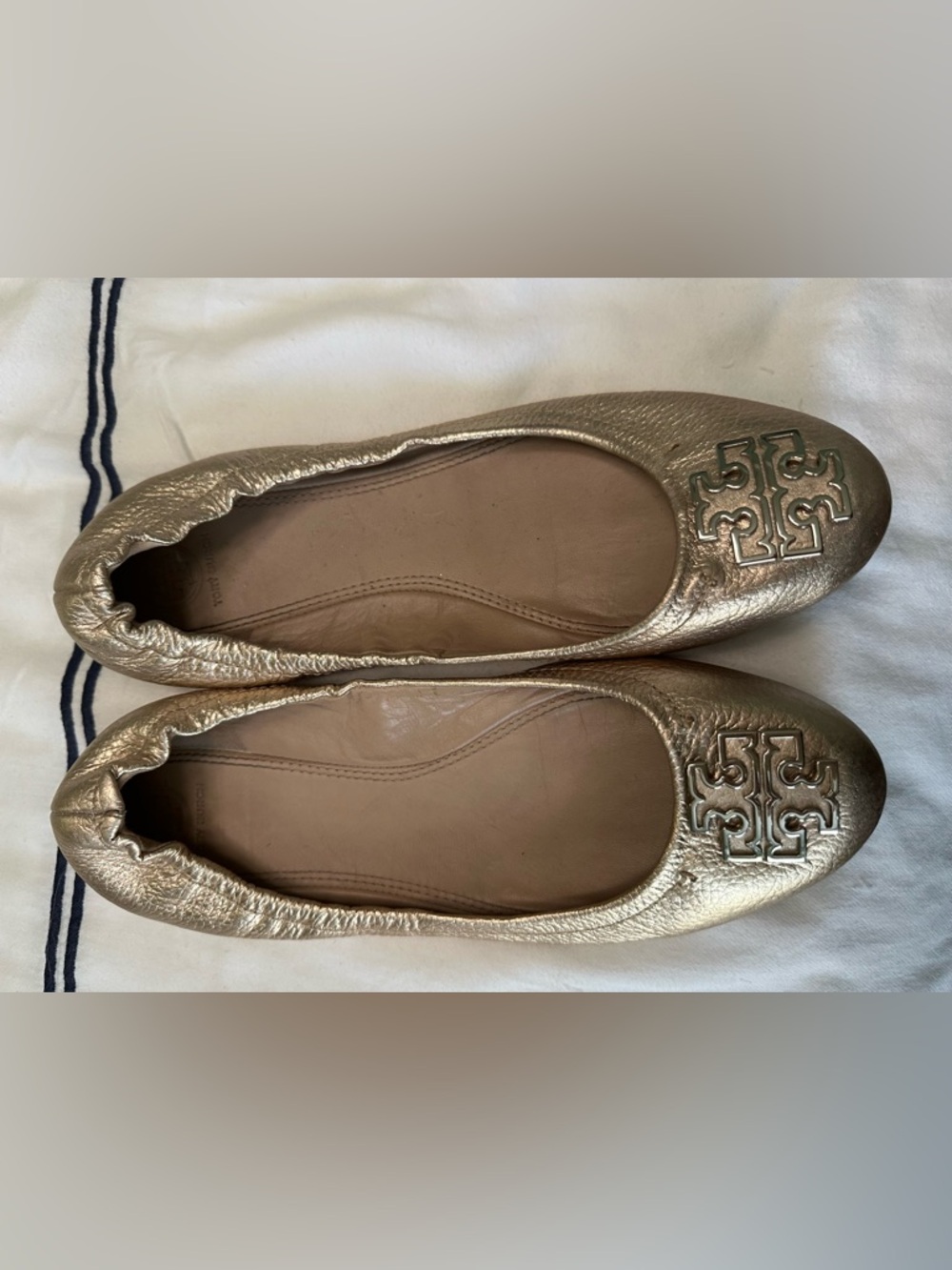 Tory Burch Metallic Gold Women's Ballet Flats with Logo Accent